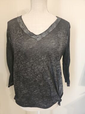 Relaxed Sheer V-Neck Women's Top in Charcoal Gray